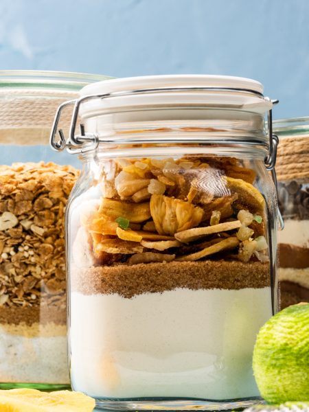Homemade food in jars, food background